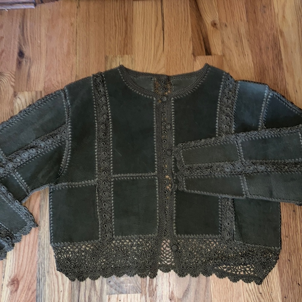 Vintage Scully Green Leather Patchwork Crochet Jacket